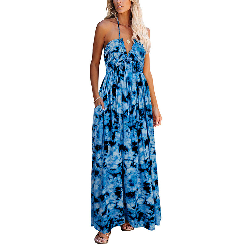 Women Dress V Neck Sleeveless Printed Bohemia es Sexy Long Floral Maxi Backless Bandage Plus Size es 210513