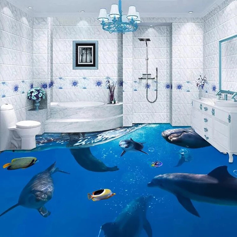 Undersea World Dolphins 3D Floor Painting Mural Wallpaper Bathroom Kids Bedroom Floor papel DE parede Waterproof