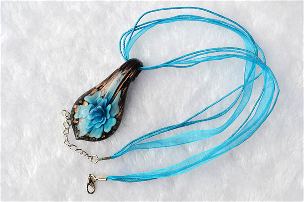 Charm Waterdrop Shape Art Murano Lampwork Glass Pendant Necklace Flowers Inside for Women Girls Summer Jewelry