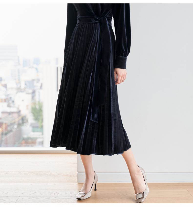 High Quality Spring Velvet Dress Women Elegant Long Sleeve Pleated Ladies Party es Casual Belted Winter Vestidos 210519