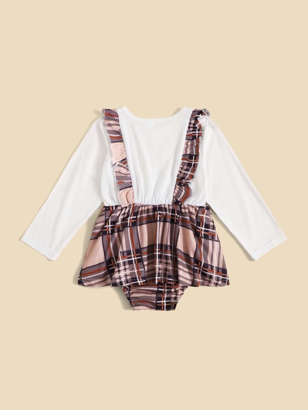 Baby 1pc Plaid Print Ruffle Trim 2 In 1 Combo Bodysuit Dress SHE