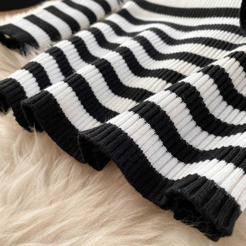 Foamlina Striped 2 Piece Set Women Fashion Streetwear Long Sleeve Knit Pullover Crop Top + Spaghetti Strap Bodycon Dress Suits 210708