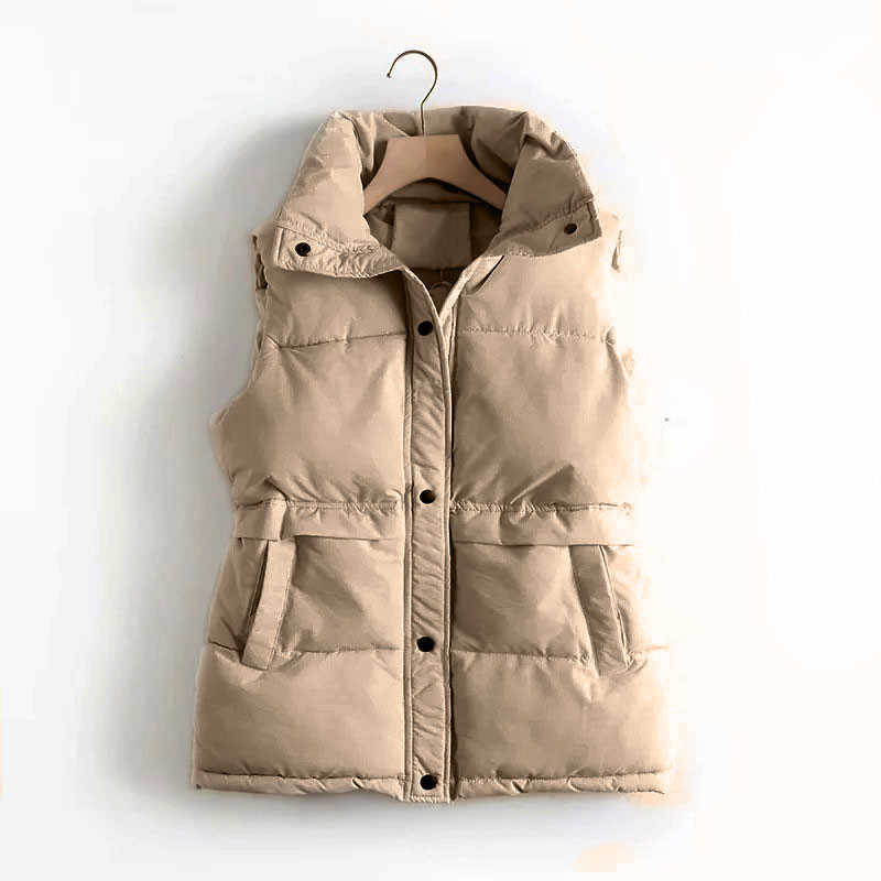 Autumn Winter Women Down Jacket Solid Loose Stand Collar Vest Windproof Warm Waistcoat Parka Ladies Button Chic Coat 211018