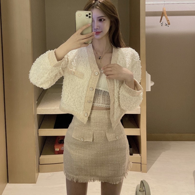 Spring Women 2 Pieces Sets Korean Fashion Elegant Single-Breasted Coat + High Waist Tassel Tweed Mini Skirts Outfit 210519