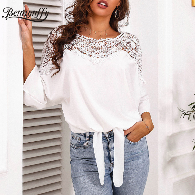 Round Neck Solid Hollow out Lace Shoulder Chiffon Blouse Summer 3/4 Sleeve Tie Hem Casual Womens Tops and Blouses 210510