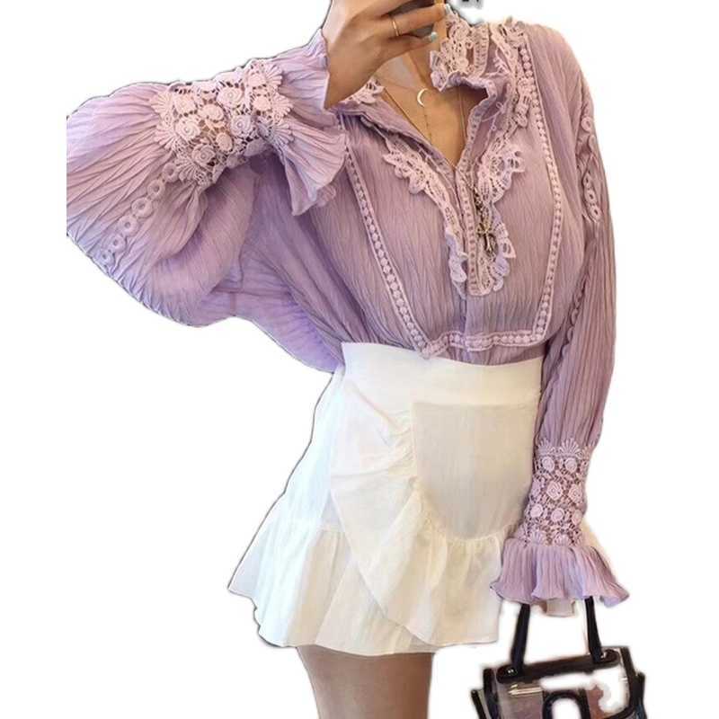 Korea Summer Sweet Embroidered Lace Patchwork Falre Sleeve V Neck Shirt Women Blouse 210615