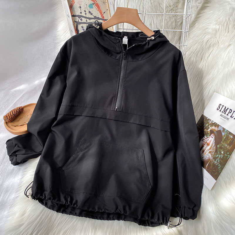 Spring Clothes Lazy Style Top Women's Black Half Zipper Hooded Sportswear 210809