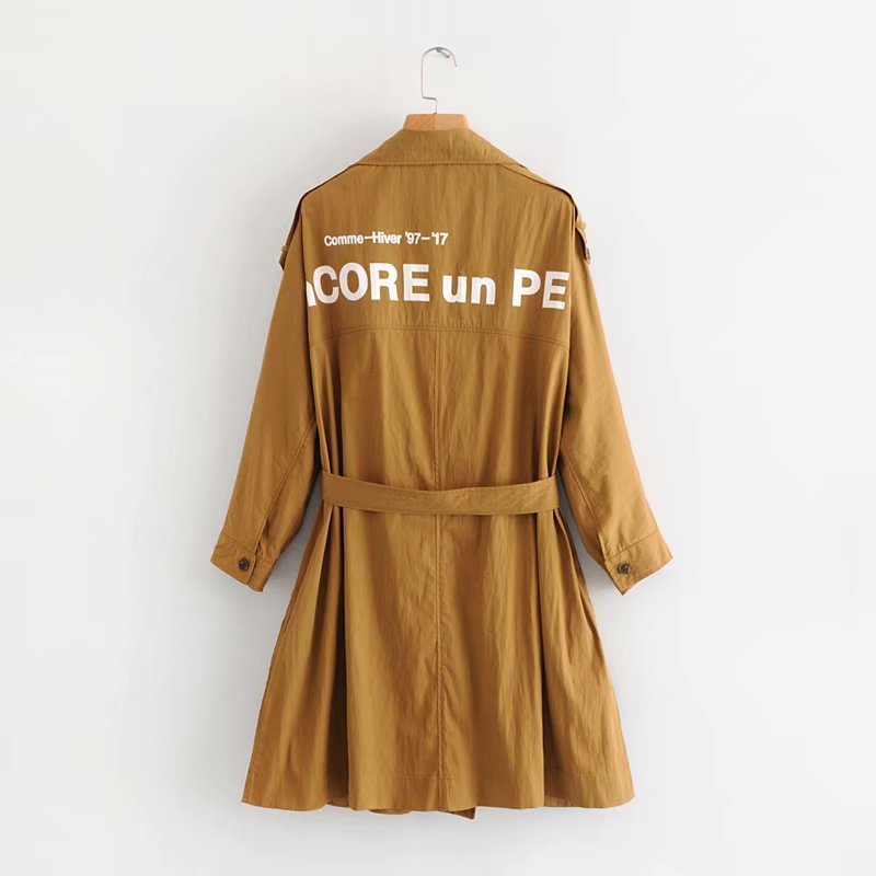 Autumn Women's Versatile Loose Waist Tie Long Coat Back Letter Printed Temperament Female Jacket ArmyGreen Tops 210507