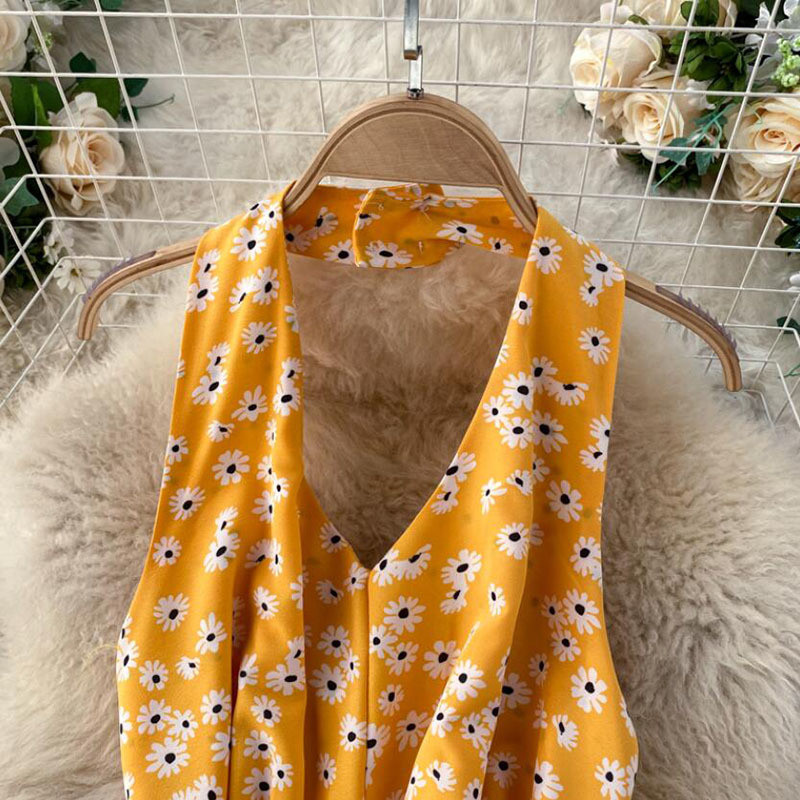 Women Summer Bohemian Long Dress Sexy V-neck Backless Ruffle Floral Print Dress Elegant Sleeveless Beach Vestidos 210521