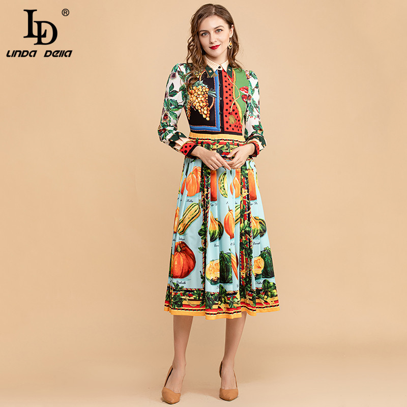 Summer Fashion Runway Vintage Dress Women Long Sleeve Multicolor Fruits Vegetables Print Midi Elegant 210522