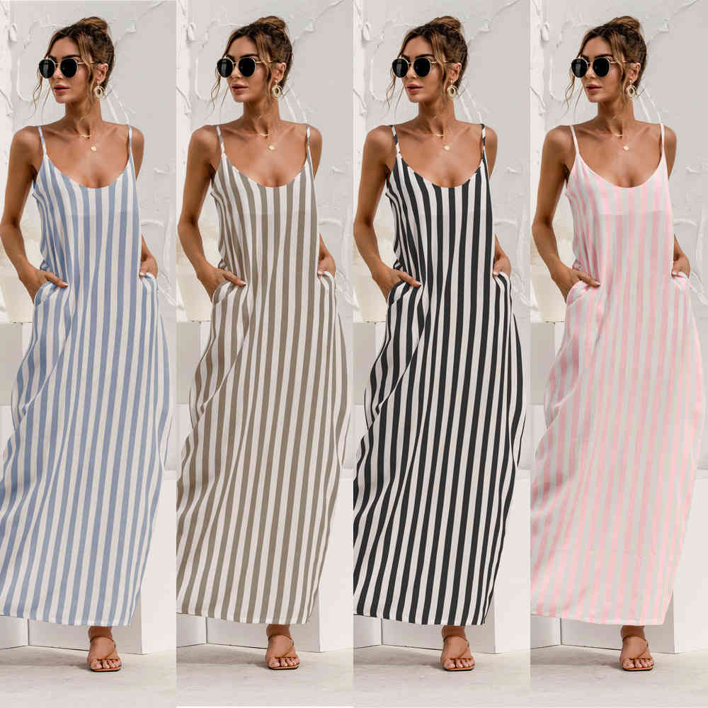 Bohe dress Summer Spaghetti Strap Loose V-Neck Striped Women's Ankle-length Dress Casual holidays female long 210524