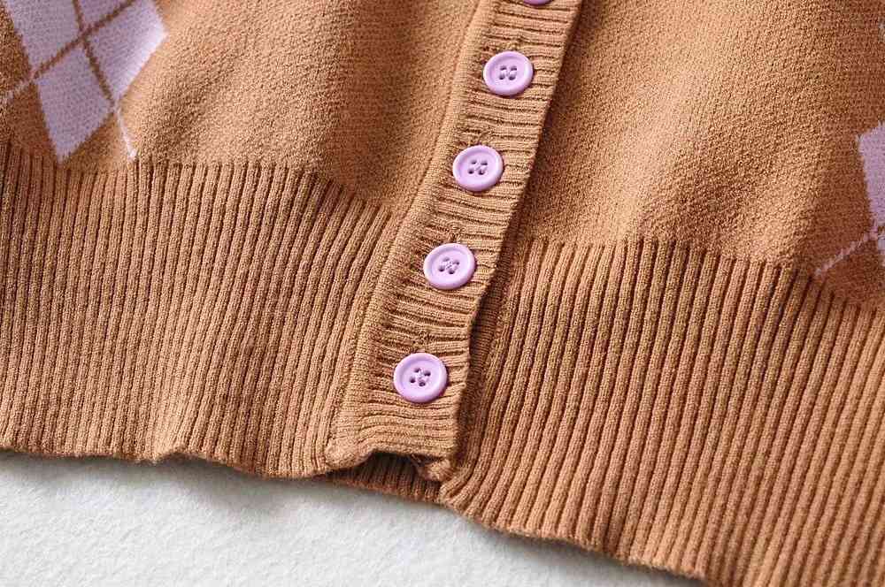 90s Vintage Argyle Plaid Knitted Cropped Cardigan 2 pcs 1 Set Crop Women Sweater Package Hips Mini Skirt Y2K Knitwear 210429