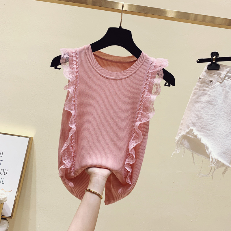 Fashion Ruffles Sleeveless Ice Silk Tank Top Summer Lace Stitching Pullover Round Neck Thin Bottoming Vest for Women 14207 210506