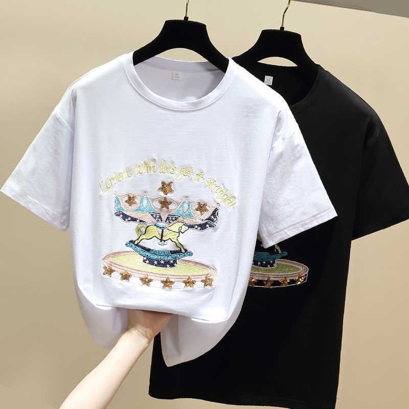 Women Summer Embroidery T Shirts Tops O Neck T-Shirt Harajuku Cotton Tshirt White Black Short Sleeve Vetement Femme 210604
Women Summer Embroidery T Shirts Tops O Neck T-Shirt Harajuku Cotton Tshirt White Black Short Sleeve Vetement Femme 210604