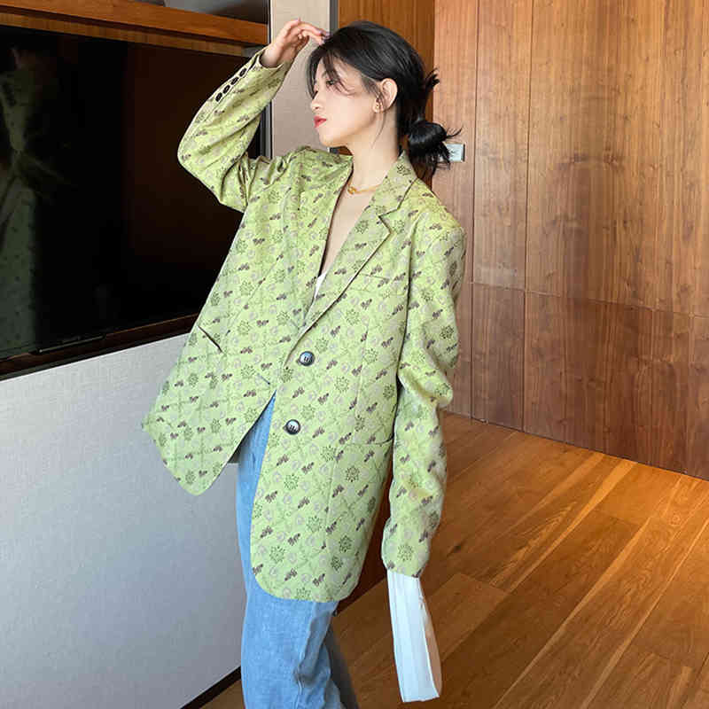 temperament Green Jacquard blazer women's spring autumn notched loose single breasted long sleeve suit coat 210427