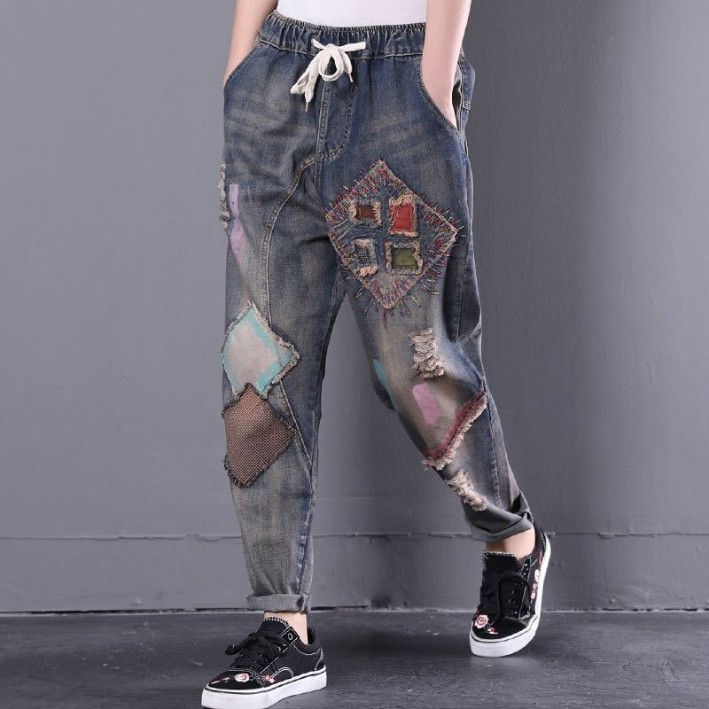 Spring Fashion Women Jeans Vintage Embroidery Patchwork Loose Cotton Denim Harem Pants Ladies Drawstring Ripped Hole D98 210512