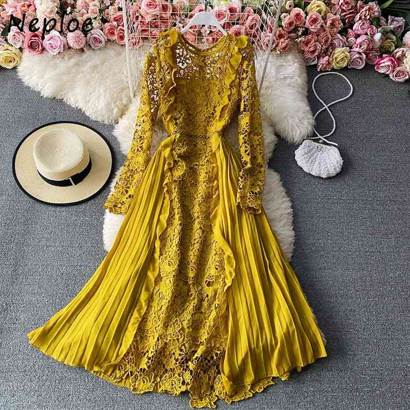 Neploe Elegant Lace Patchwork Hook Flower Chiffon Dress Women High Waist Hip A Line Long Vestidos Spring Long Sleeve Robe Solid 210422