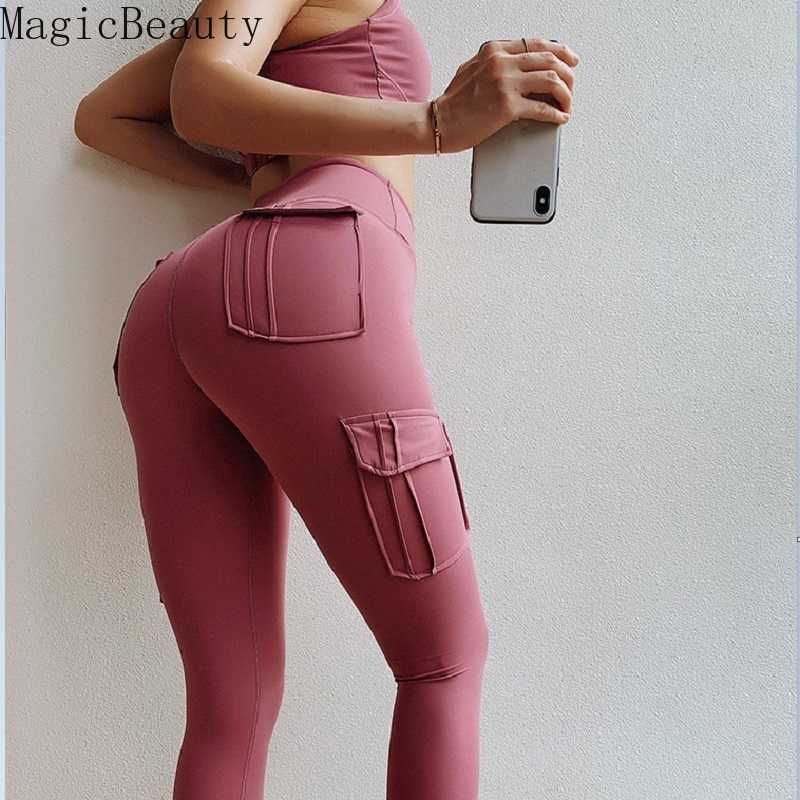 Women Elastic High Waist Fitness Gym Pockets Legging Solid Push Up Workout Cargo Pants 210820