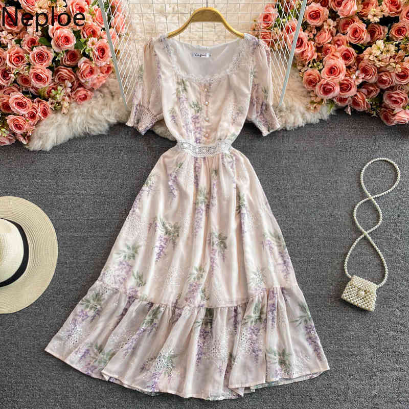 Neploe Spring Floral Dress Women Square Collar Embroidered Chiffon Maxi Dresses Elegant Sweet High Waist Short Sleeve Vestidos 210422