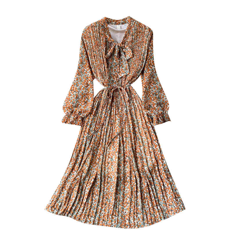 Autumn Fashion Streetwear Midi DressWomen French Sweet Print Blouse Korean Chic Bow Collar Puff Sleeve A-line Dresses 210521