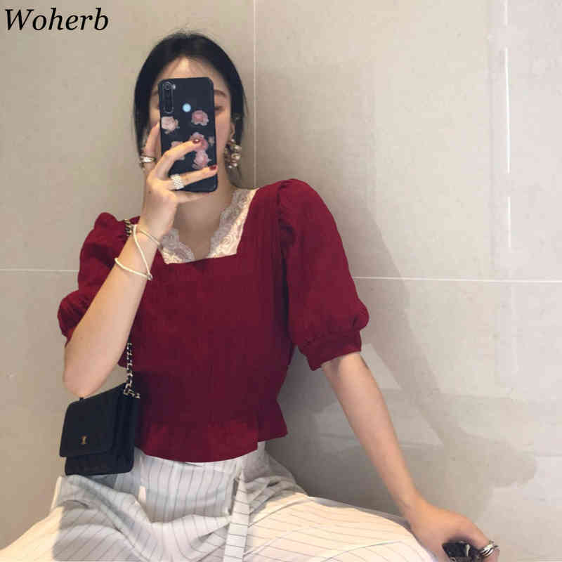 Vintage Women Blouse Lace Patchwork Black Red Shirts Summer Fashion Puff Sleeve Slim Waist Short Blusas Temperament Tops 210519