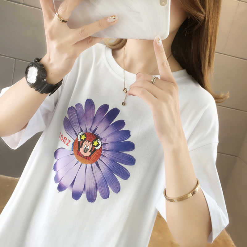 Tee Shirt Femme Loose Women Fashion Korean Clothes Floral Print shirt Summer ops Short Sleeve Female 210615Z