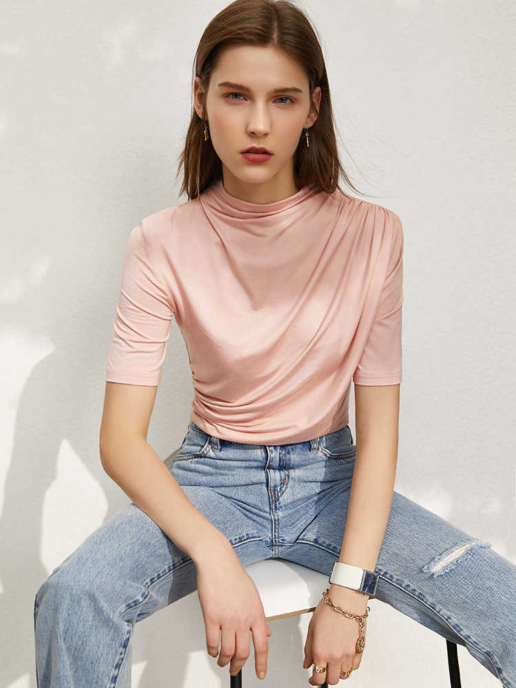 Minimalism Summer Fashion Women's Tshirt Causal Solid Folds Slim Fit Female Offical Lady Tops 12140371 210527