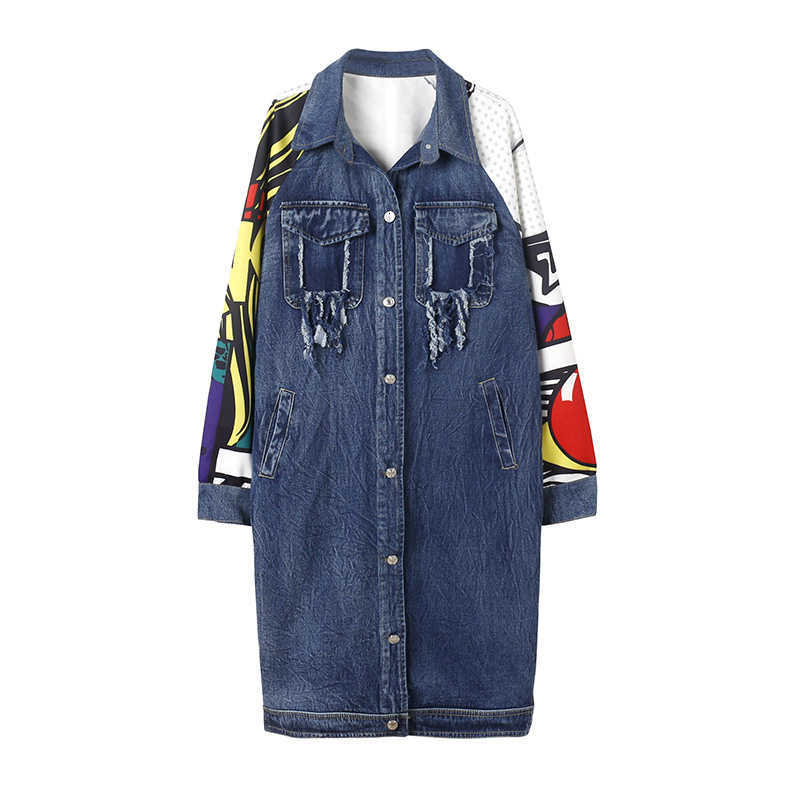 Cartoon Spring Printed Cowboy Patchwork Loose Long Big Size Denim Windbreaker Women Coat Fashion Trench korean B445 210820