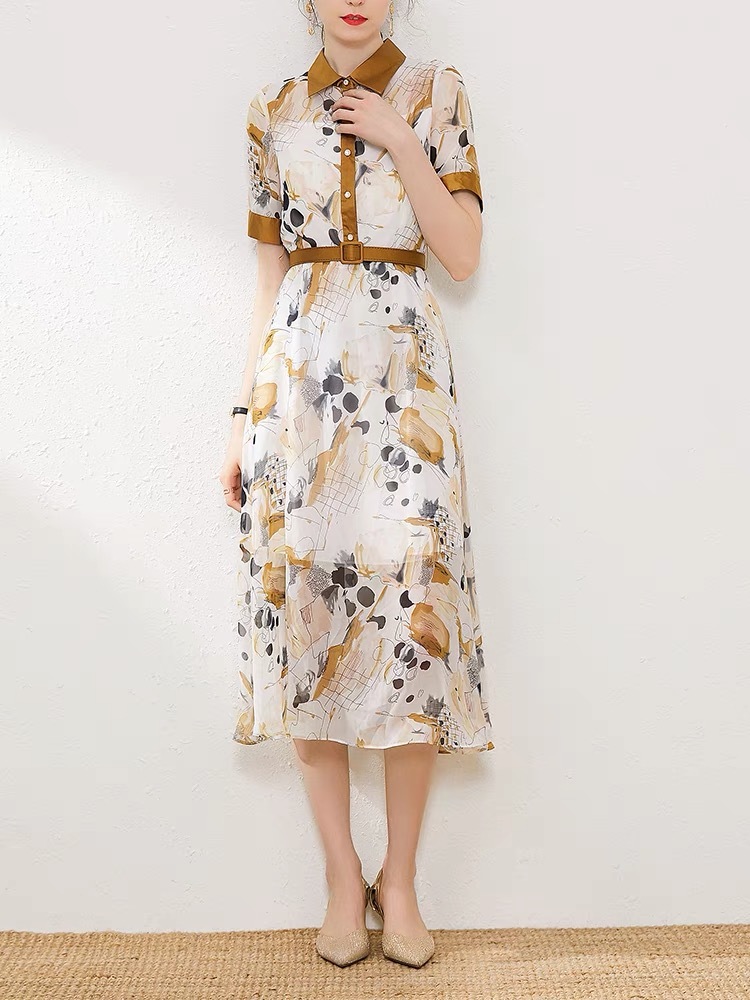 elegant turn down collar summer short sleeve high waist dress for women fashion printed single breasted A-line robe z 210421