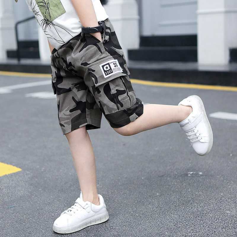 Boys Shorts for Summer Camouflage Loose Pants Teenage Trouser Cotton Black Fashion Kids Clothes 2-16 Years 210622