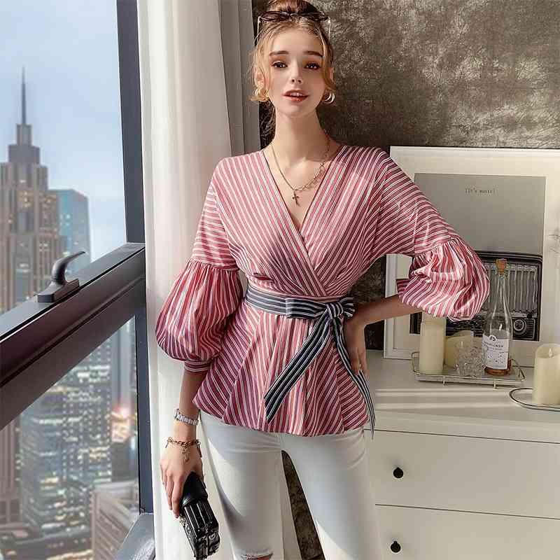 Dabuwawa Elegant Lantern Long Sleeve Striped Blouse Ladie Shirts Women Bow Shirt Slim-fit Vintage Top Shirt Women DO1AST012 210520