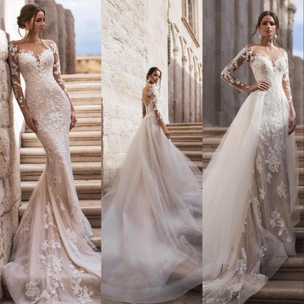 2021 Sexy Long Sleeves Lace Mermaid Wedding Dresses Bridal Gowns Champagne With Detachable Skirt Overskirts Tulle Applique Sweep Train robes de mariée