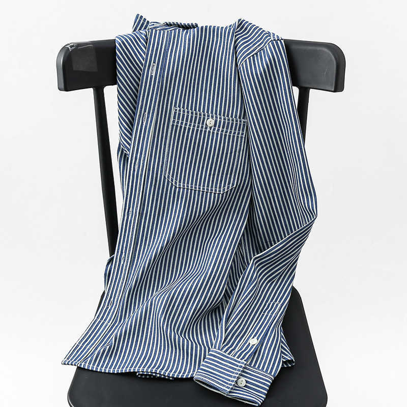 American Style Amekaji Heavyweight Men Classical Striped Shirts Thicken Dense Canvas Cotton Blouse Vintage Cargo Streetwear Male 210721