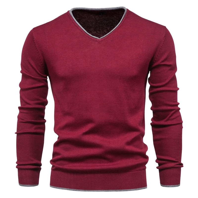 Men Autumn Sweater V-neck Pullovers Fashion 100% Cotton Solid Color Long Sleeve Slim Sweaters Navy Knitwear 211008