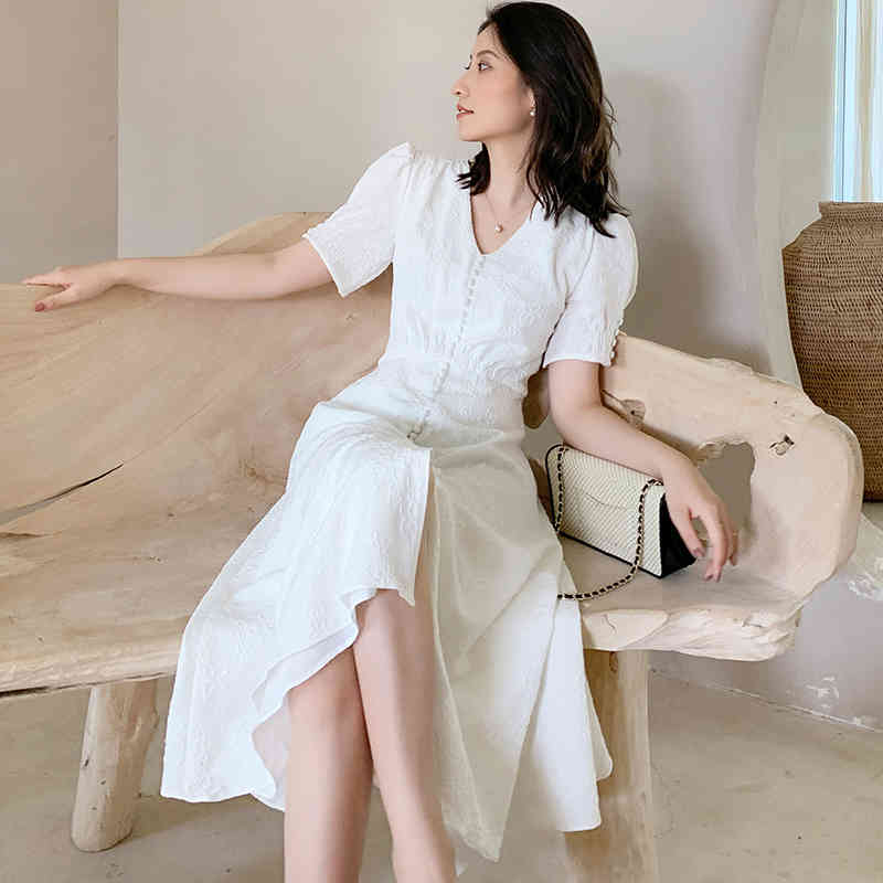 [EAM] Women White Elegant Irregular Long Dress V-Neck Short Puff Sleeve Loose Fit Fashion Spring Summer 1W513 210512