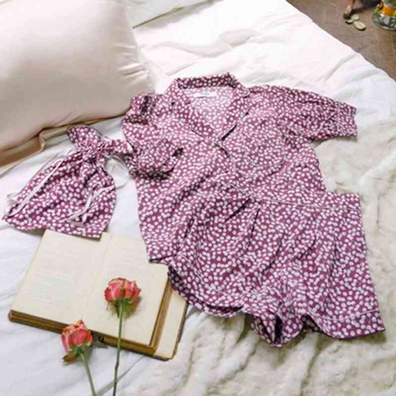 Vintage Print 2 Pcs Women Set Turn Down Collar Short Sleeve Shirt + High Waist Wide Leg Shorts Spring Pajama Suit 210524