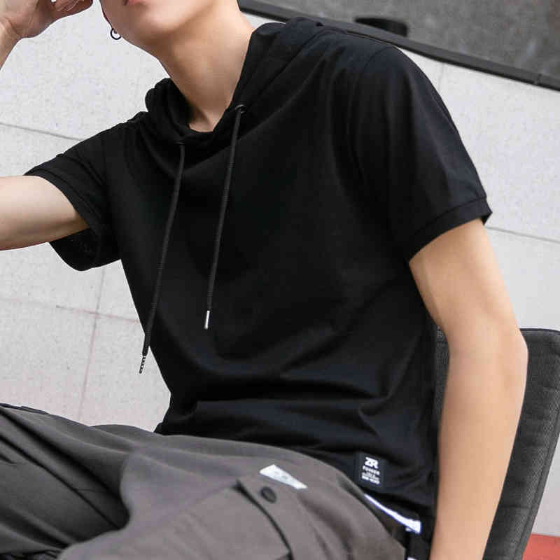 T-shirt with Hood Summer Hooded Short Sleeve Slim Fit Tops Fashion Streetwear T Shirt Male Casual Men's Cotton T-shirt 210518