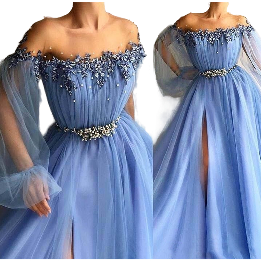 Sky Blue Long Prom Dresses A Line Off Shoulder Appliques Vestido De Fiesta De Boda Custom Made Plus Size Formal Party Evening Gowns Women Girls Specia