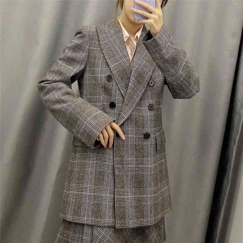 Streetwear Women Grey Plaid Jacket Fashion Vintage Ladies Double Breasted Blazer Causal Female Chic Pocket Long Suits 210430