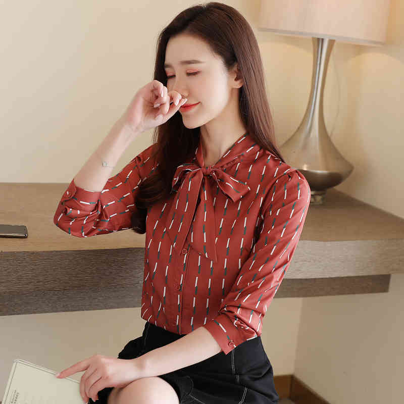 Fashion Bow Chiffon Blouse Cardigan Shirt Autumn Striped s Womens Tops and Blouses Long Sleeve Blusas 10749 210506
