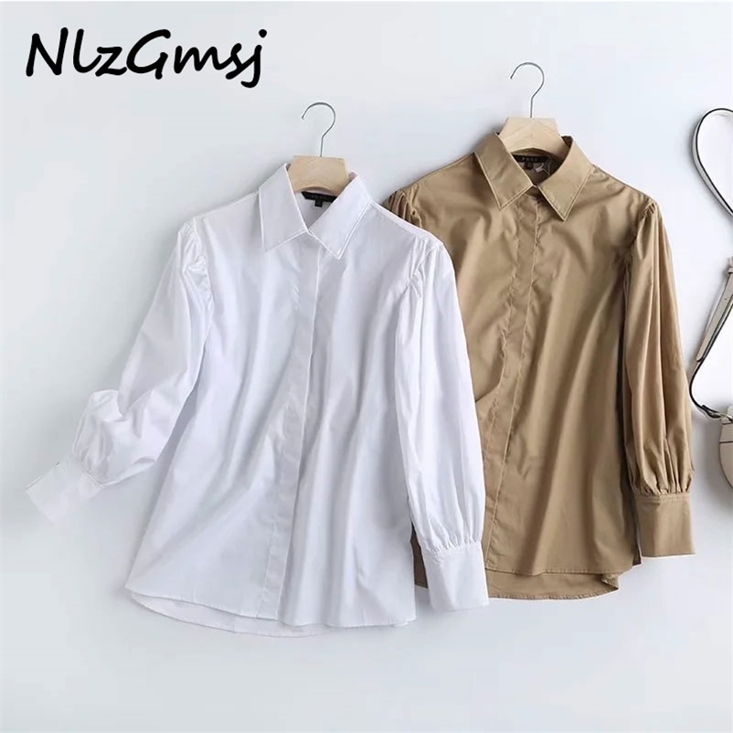 women white khaki cotton shirts puff long sleeve solid elegant office ladies work wear blouses high quality 210628
women white khaki cotton shirts puff long sleeve solid elegant office ladies work wear blouses high quality 210628