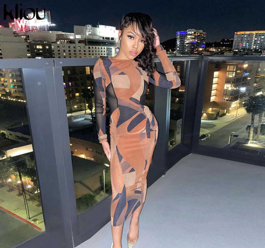 Kliou Patchwork Asthetic Print Maxi Dress Women Autumn O-Neck Wrist Sleeve Sheath Bodycon Vestido Female Body-shaping Streetwear 210630
