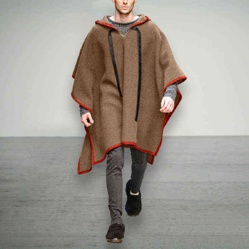 RUELK European And American Fashion Classic Solid Color Harajuku Hooded V-neck Men's Cloak Shawl Pullover Cloak Woolen Coat 211122