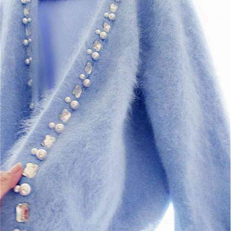 Women Cardigans Sweater Beaded Pearl Female Mohair Knitted Blue Autumn For 210520