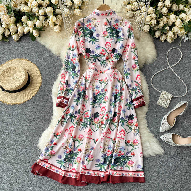 LY VAREY LIN Spring Autumn Turndown Collar High Waist Mid Calf Women Dresses Casual Solid A Line Floral Print Dress 210526