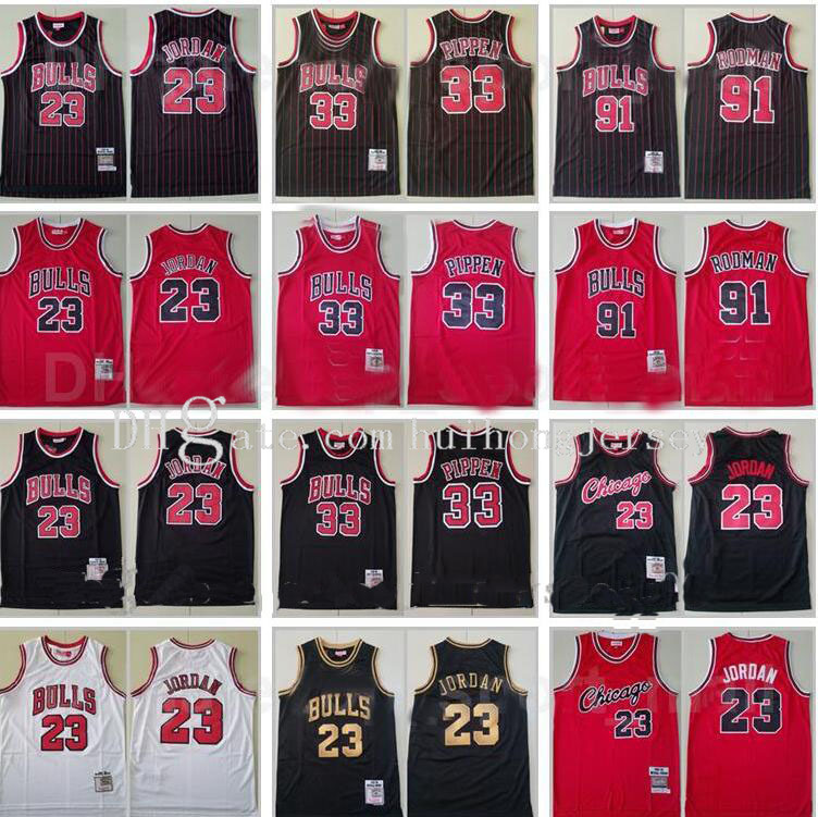 

100% Stitched Mens 33 Dennis Rodman 91 Michael 23 Breathable Team Red White Stripe Black Mitchell and Ness Basketball Scottie Pippen Jersey
