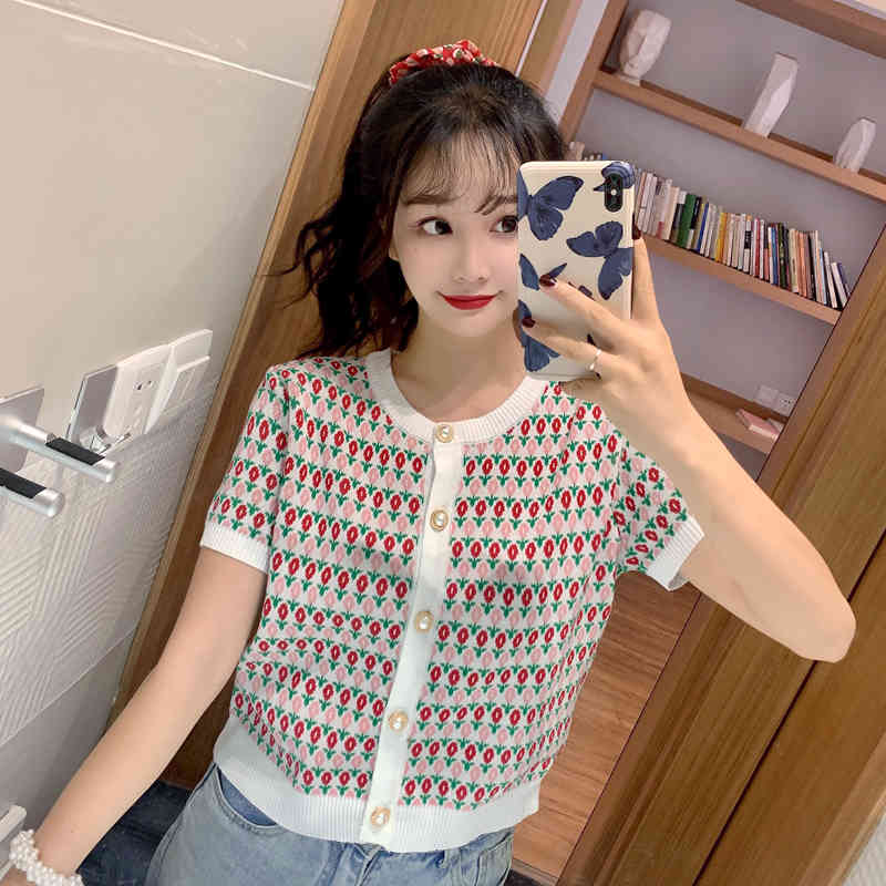 Lucyever Summer women fashion printing O-Neck sweater Casual elastic single-breasted shirt woman Sweet loose Knitted shirt lady 210521