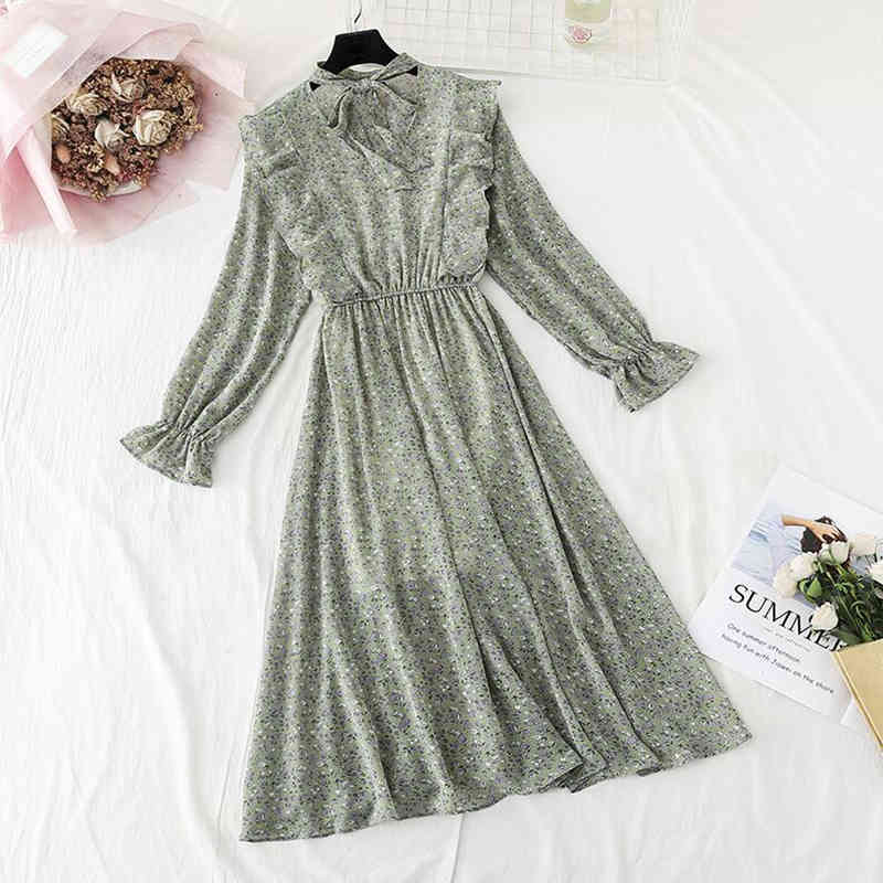 Floral Printing Women Chiffon Dress Spring Vintage V-neck Bow Ruffles Party Vestidos Female Casual Women Midi Dress 210521