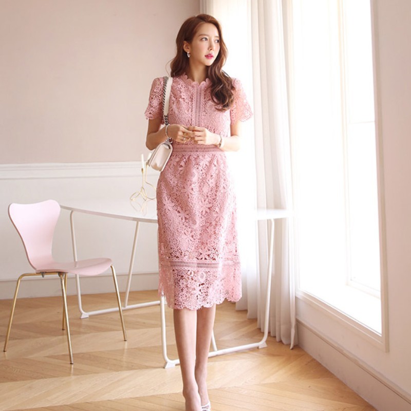 summer Korean ladies temperament Pink lace round neck waist slimming long air dress Knee-Length Short sleeve 210519