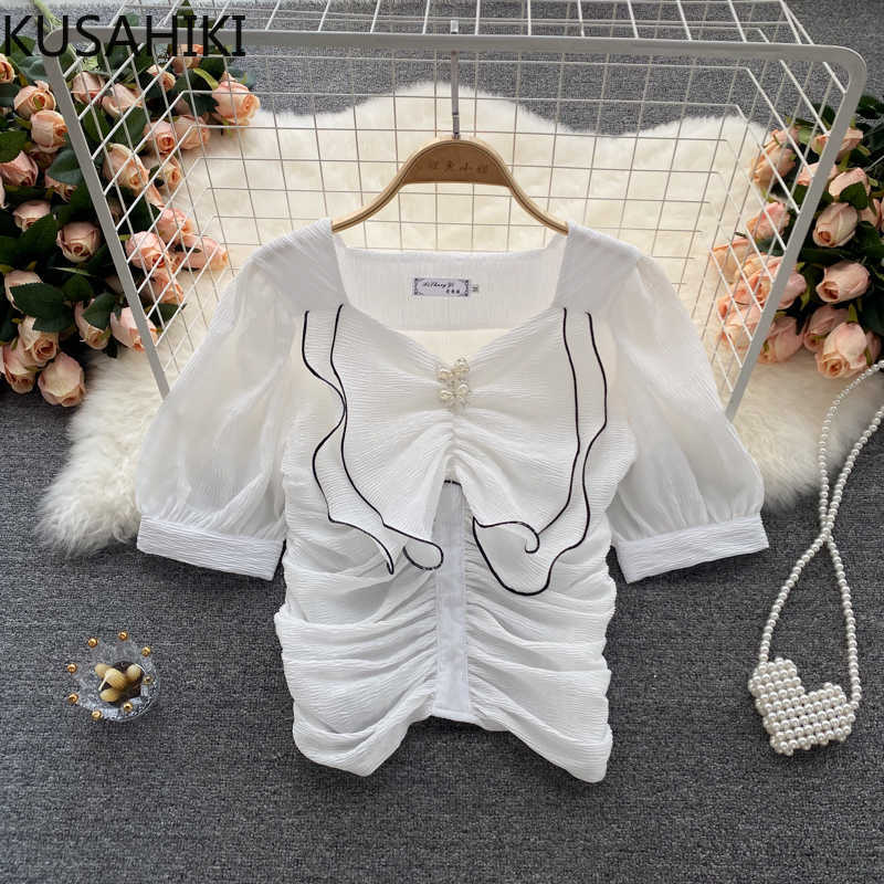 KUSAHIKI Chiffon Top Korean Ruffle Patchwork V-neck Puff Sleeve Women Blouse Elegant Summer Blusas Mujer De Moda 6J538 210602, Black
KUSAHIKI Chiffon Top Korean Ruffle Patchwork V-neck Puff Sleeve Women Blouse Elegant Summer Blusas Mujer De Moda 6J538 210602, Black